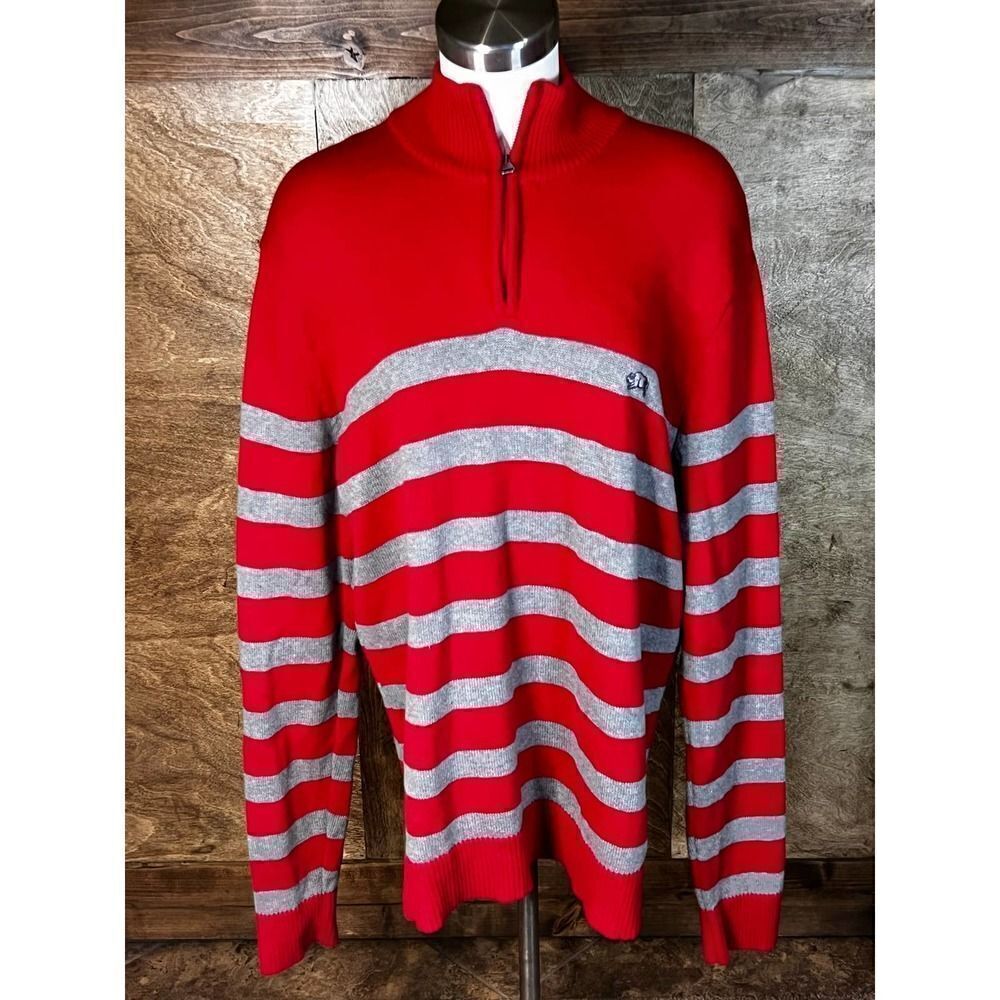 American Rag Mens Quarter‎ Zip Striped Sweater Red Gray XXL